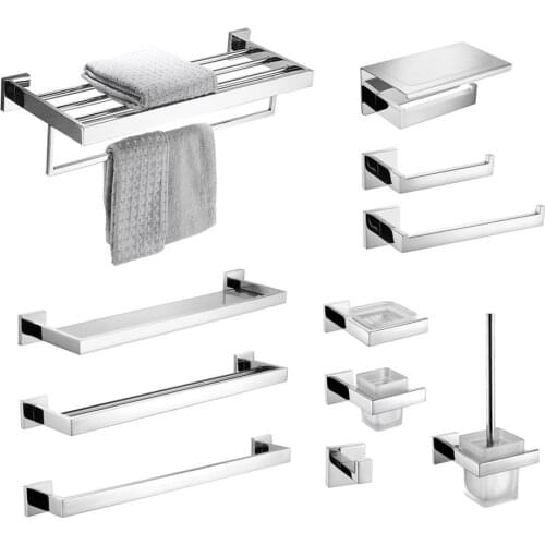 Stainless Steel Bathroom Hardware Set Mirror Chrome Polished Towel Rack Toilet Paper Holder Towel Bar Hook Bathroom Accessories