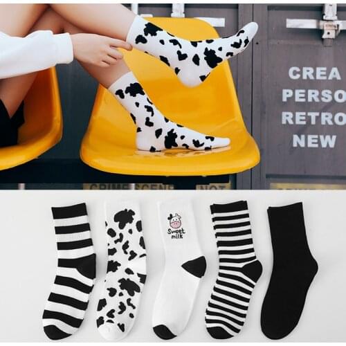 Fashion Cow Printed Sock Lovely Harajuku Japanese Style Cotton Women Socks Striped Solid Breathable Casual Cartoon Socks