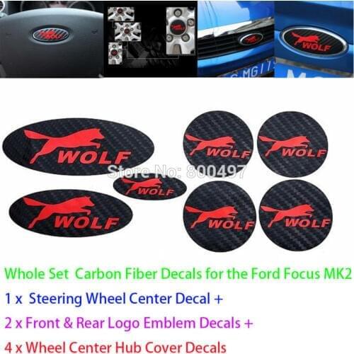 Newest 3D Carbon Fiber Vinyl Set Steering Wheel Emblems Wheel Hub Stickers Wolf Decasl for Ford Focus MK1 MK2 MK3 Focus ST RS
