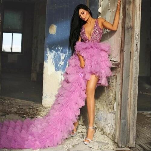 Newest Tulle Long Prom Dresses Sleeveless Deep V Neck Shiny Sequined Evening Wear Dress Ruffles Skirt Plus Size