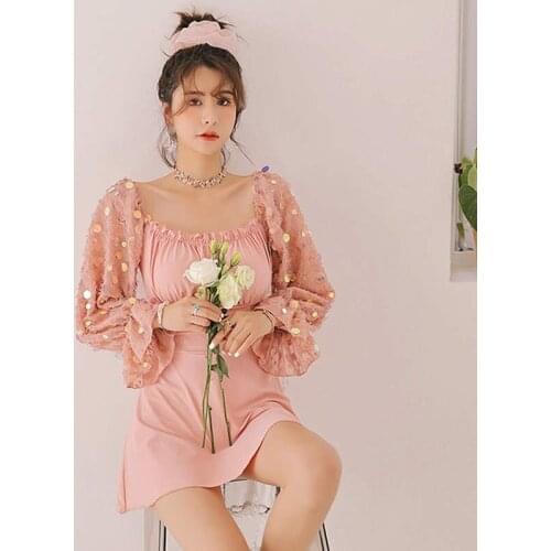 Korean New Long-Sleeved Sequins Embellished Low-Cut Fold Design Skirt-Style High-Waisted Backless Cross Bow Hot Spring Swimsuit