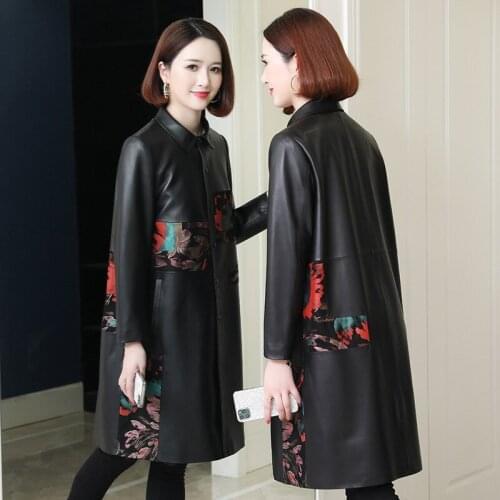 Mother Print Flower Genuine Leather Coats Long Women Long Sleeves Black Slim 4XL Real Sheep Fur Winter Overcoats Windbreaker