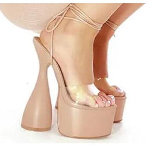 Women Sandals Rear Strap Platform Peep Toe Heels Fish Mouth Shaped Clear Upper Cross-tied 2021 Summer High-heeled Sandals