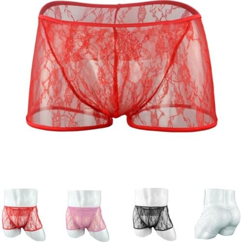 Sexy Men Underwear Boxers Transparent Lace Gay Trunk Mesh Breathable Shorts Underpants ZJH114