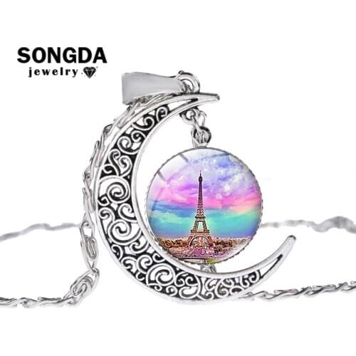SONGDA 2021 New France Paris Eiffel Tower Necklace Creative Art Photo Glass Convex Moon Pendant Choker Necklace Tourism Souvenir