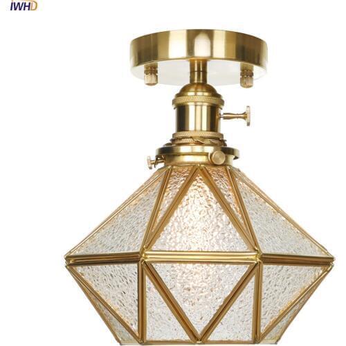 IWHD LED Modern Copper Ceiling Light With Switch Creative Glass Diamond LED Ceiling Lamp Modern Bedroom Light Vintage Fixtures