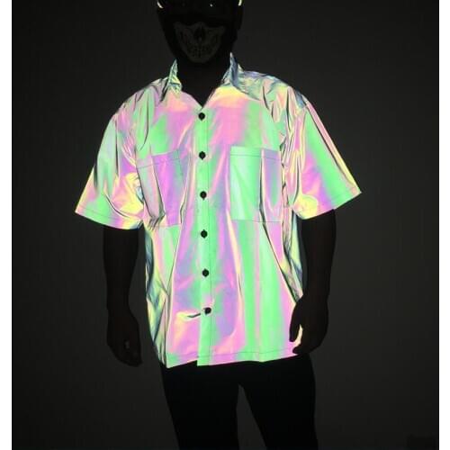 High quality men short sleeve shirt hip hop streetwear colorful reflect light mens reflective shirts tops clothes chemise homme