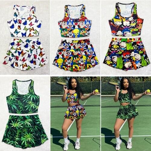 Tennis Skirt Two Piece Set Women Cartoon Printing Sports Vest Top + Pleated Skirts Womens 2021 Summer Clothes Tennis Dress Sets