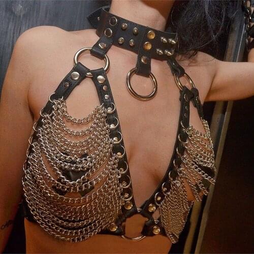 Stonefans Fashion Circle Ring Chest Chain Corset Leather Belt for Women Female Bra Harness Body Accessories Goth Chest Underwear