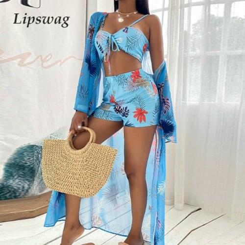 2021 Sexy Three Pieces Bikini Set Women Print High Waist Swimsuit Sun Protection Beachwear Conservative Swimwear Bathing Suit XL