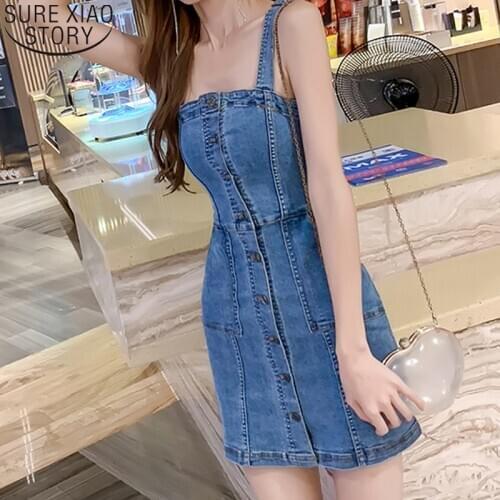 Summer Sexy Denim Dress Spaghetti Strap Dress Sundress Vintage Blue Blackless Sleeveless Dresses Button Party Dresses 13349