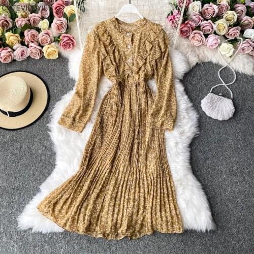 2021 Female Vestidos Elegant Ruffles Floral Slim Waist Women Full Sleeve Single-breasted Chiffon Spring A-line Vintage Dress