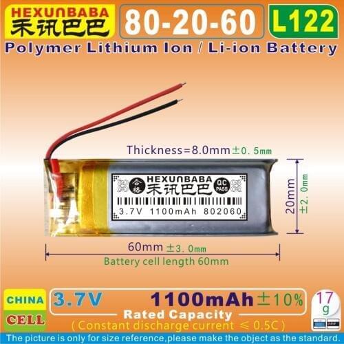 2pcs [L122] 3.7V 1100mAh [802060] PLIB (polymer lithium ion / Li-ion battery ) for TOY,DVR,power bank,MP3,MP4,GPS;smart camera
