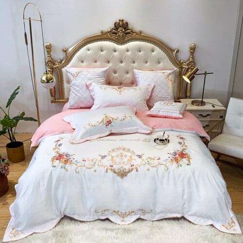 Luxury embroidery Bedding Set cotton Bed Linens Bed Sheet Set Bedclothes Queen/King Size washed silk Bed cover 4pcs