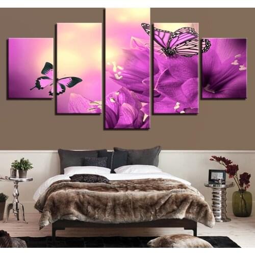 Wall Art Draw 5 Pieces Beautiful Purple Flowers Butterflies Paintings Canvas Print Picture Modern Living Room Decor Framework
