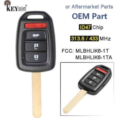KEYECU 313.8/ 433MHz ID47 Chip FCC: MLBHLIK6-1T 3+1 4 Button Remote Key Fob for Honda Accord Sport/ LX Civic HR-V CR-V 2013-2019