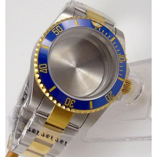40mm Gold Coated Watch Case for NH35 NH36 NH36A Blue Insert Rotating Bezel Oyster Bracelet Sapphire Glass without Cyclops