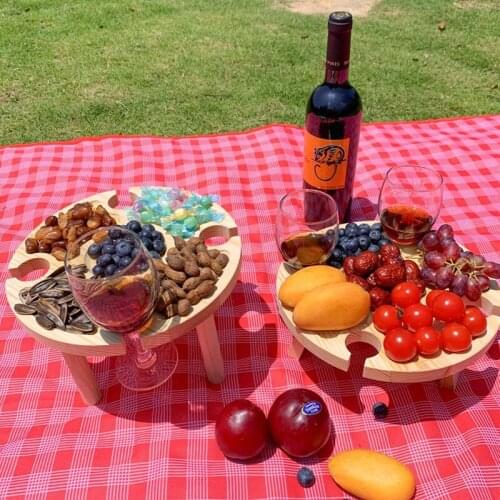 Hot Sale Outdoor Wooden Folding Picnic Table With Glass Holder 2 In 1 Wine Glass Rack Hiking Camping Garden Round Desktop