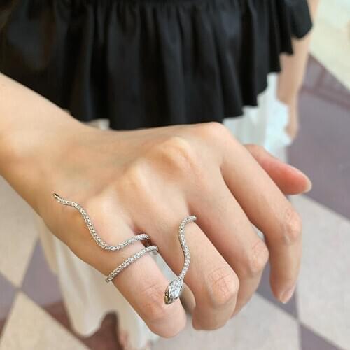 HUANZHI New Vintage Silver Colour Snake Wave Winding Rhinestone Zircon Adjustable Exaggeration Metal Rings for Women Party Gift