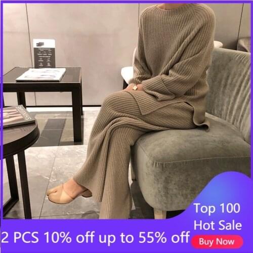 Two pieces sets for women retro winter warm split loose pullovers sweater +pants suit knitting wide legg trousers 906