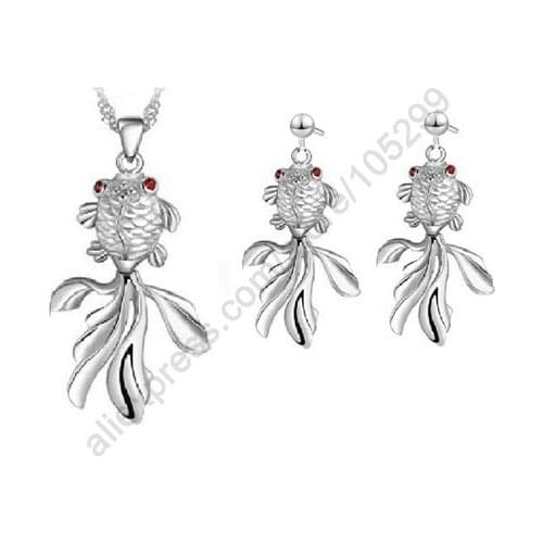Factory Price Jewelry Set 18" 925 Sterling Silver Jewelry Fish Pendant Necklace Stud Earring Woman With Singapore Chain