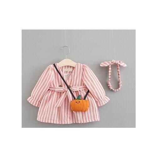 Halloween 3 Pcs Newborn Striped Outfits Infant Long Sleeve V-neck Lace-up Dress + Pumpkin-shaped Crossbody + Bow Headband 0-4Y