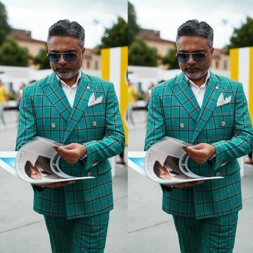 Green Check Mens Suits High Quality Double Breasted Plus Size Groom Wear Beach Men Wedding Party Tuxedos