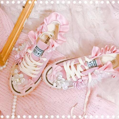 Sweet canvas shoes soft girl cute ruffled low-top womens shoes college style kawaii shoes cosplay loli daily single shoes
