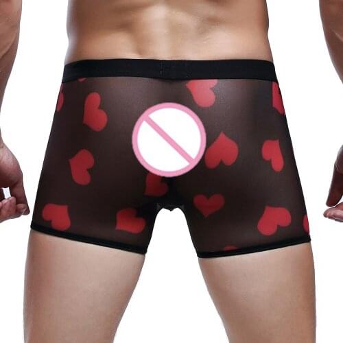 Fashion Sissy Gay Mens Net Yarn Breathable Printing Flat Sexy Underwer Men Comfortable Love Heart print Transparent boxer shorts