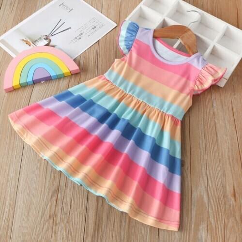 Fashion Toddler Baby Girl Rainbow Stripes Dress Tutu Party Dress Sundress 0-3Y