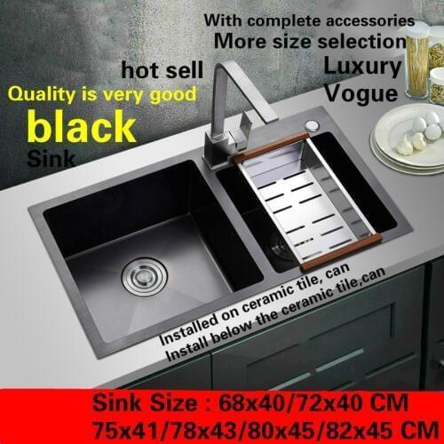 Free shipping Food grade stainless steel standard kitchen manual sink double groove black color 68x40/72x40/78x43/80x45/82x45 CM