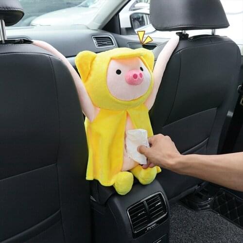 Cartoon Car Tissue Box Cute Net Yellow Pig Doll Auto Seat Middle Armrest Hanging Storage Bag Backseat Napkin Organizer For Girls