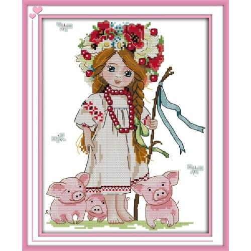 Girl and piglets cross stitch kit aida 14ct 11ct count printed canvas stitches embroidery DIY handmade needlework