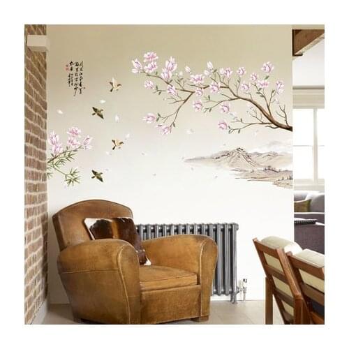 Magpie Peach Blossom Wall Stickers Chinese Style Wallpaper Living Room TV Background Wall Decoration Self-adhesive Bedroom Decor