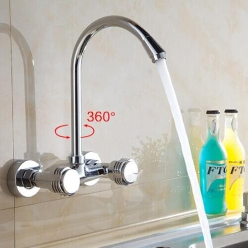 Free shipping Wall mounted dual hole kitchen sink faucet with dual handle kitchen mixer tap of hot cold water tap