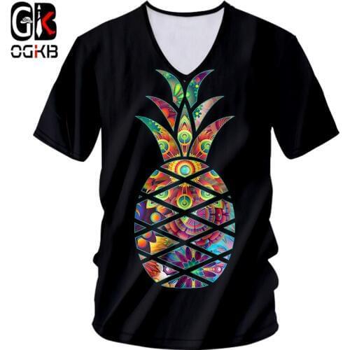 OGKB Sexy Deep V Neck Tshirt Black New Harajuku Women/mens Cool Print Pineapple 3d T-shirt Man Workout Fitness Casual Tee Shirts