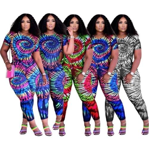 Casual Women Suits Plus Size Tie-dyed Print T Shirt Short Sleeve Tops Slim Long Pants Fashionable Streetwear 2 Pieces Outfits