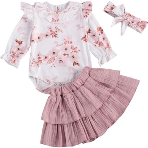 0-24M Newborn Baby Girl Clothes Set Floral Bodysuit Romper Jumpsuit Tops T Shirt Ruffle Tutu Skirts Bow Headband Outfit