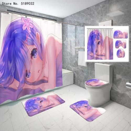 Sexy Rem Shower Curtain Sets Re:Zero Starting Life In Another World Waterproof Bath Curtain Toilet Lid Cover Non Slip Rug Carpet
