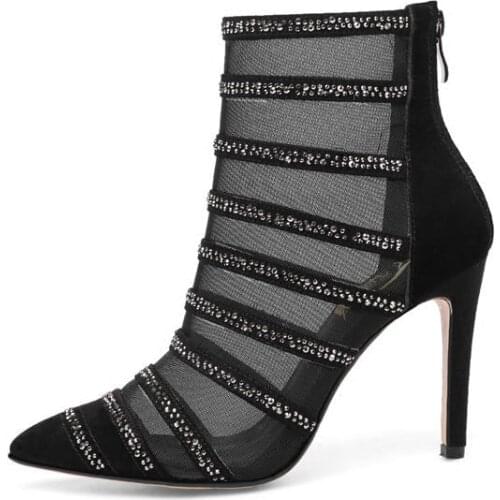Sexy woman black lace pointed rhinestone mesh ankle boots black lace pointed toe rhinestones ankle boots woman black dress boots