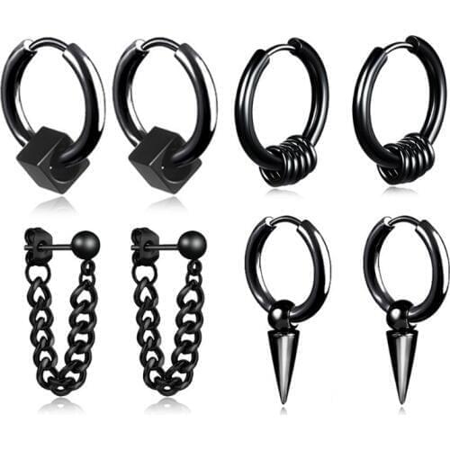 Hoop Earrings for Men Women With Charm Cube Cone Small Ring Dangles Black Stainless Steel Hip Hop Stylish kpop Earrings for Teen