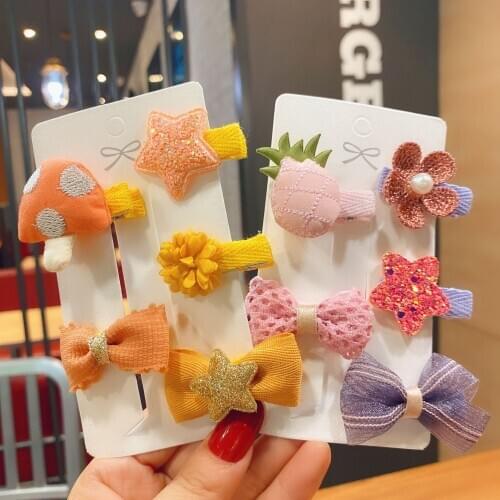 5Pcs/Set Cute Fruit Cartoon Plush Hairpin BB Clips Girl Cute Bow Crown Hairpins Kids Hair Grip Side Barrettes School Headwear