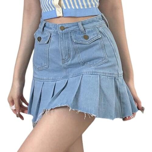 Women’s Korean Solid Color Denim Skirt Fashion High-waist Frayed A-line Pleated Short Skirt