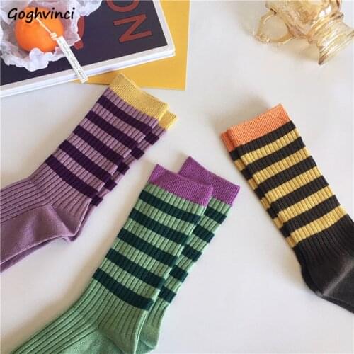 Socks Women 3 Pairs Vintage Striped Korean Style College All-match Colorful Fashion Harajuku Leisure Quality Streetwear Ladies