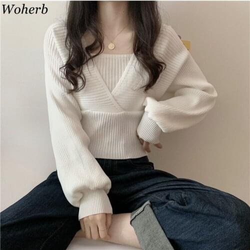 Woherb Pullovers Women Knitting Elegant Solid All Match Ladies Casual Korean Style Thin Crop Jumper Loose Design Spring Fashion