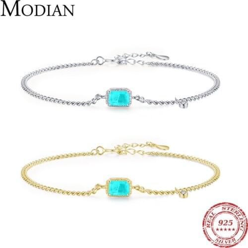 Modian Pure 925 Sterling Silver Elegant Rectangle Tourmaline Paraiba Bracelet Fashion Link Chain For Women Wedding Jewelry Gifts