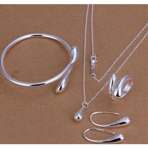 Fashion Wedding Bridal Jewelry Set S925 Stamped Silver color Water Drop Bangles+Necklace+Rings+Earrings Sets for Women S222