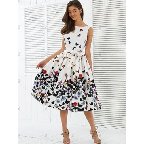 Hirigin 2019 Newest Women Summer Floral Vintage Pleat Swing Dresses Sleeveless Zipper Sashes Dress Retro Party Dresses