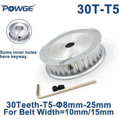 POWGE 30 Teeth T5 Timing Synchronous pulley Bore 8/10/12/14/15/19/20mm for belt width 10mm/15mm 30-T5-15 AF Wheel 30teeth 30T
