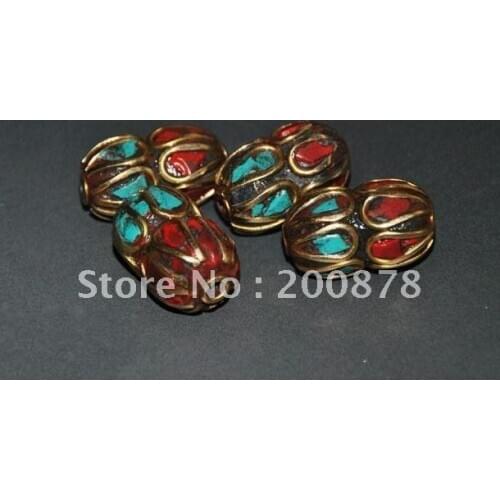 10PCS DIY Handmade Metal Beads Nepalese inlaid Colorful Stone Bean Beads NBB377